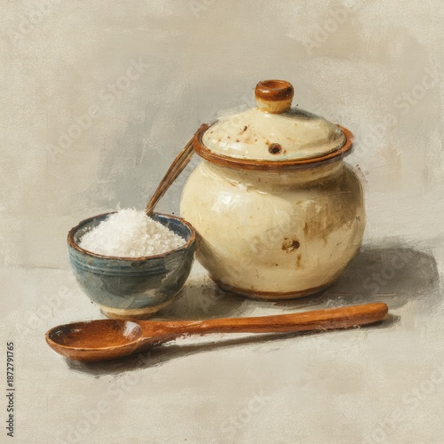 Rustic Ceramic Bowl with Sugar and Wooden Spoon on Neutral Background
