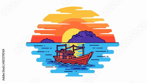 A stylized fishing boat sails on blue water against a colorful sunset and distant purple islands