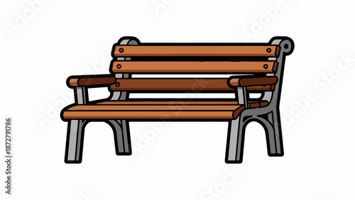 A simple illustration of a park bench with wooden slats and dark metal legs