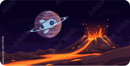 A stylized, pixelated scene of a rocket orbiting a ringed planet above a fiery, erupting volcano
