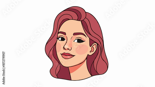 A stylized portrait of a woman with wavy pink hair and blushing cheeks