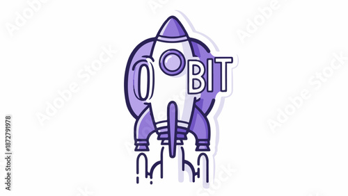 A stylized purple and white rocket ship with "ORBIT" written on its side is ascending