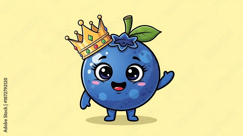 Naklejka premium Cartoon blueberry character wearing crown royalty.