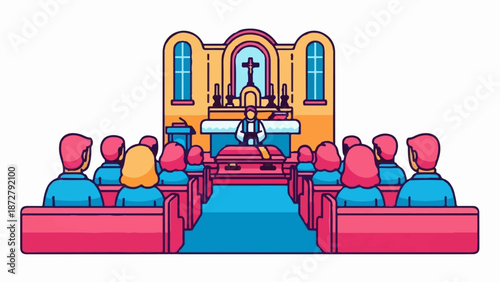 A somber gathering of mourners attends a funeral service within a stylized church