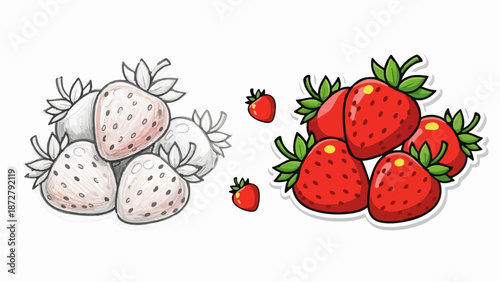 A split image featuring a cluster of grey and pinkish strawberries contrasted with a vibrant group of red strawberries