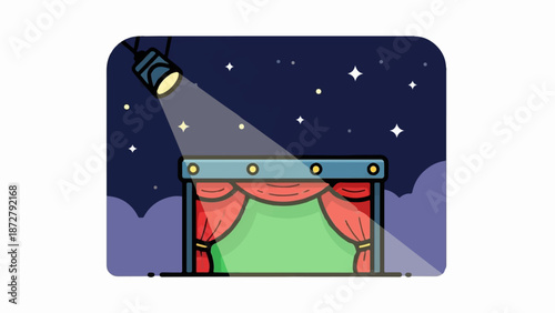 A spotlight shines on a closed theater stage at night with stars