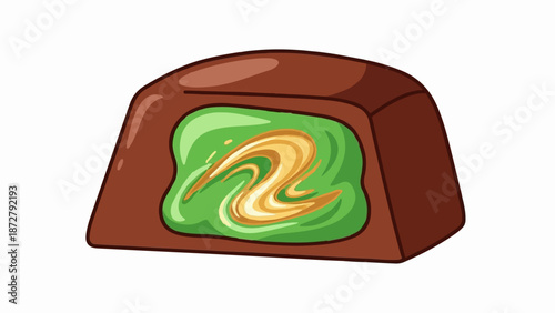 A square chocolate confection with a swirling green filling and caramel accents