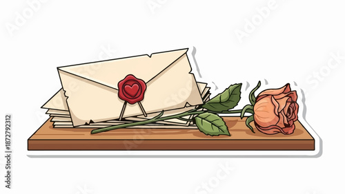 A stack of sealed letters rests beside a single rose on a wooden surface