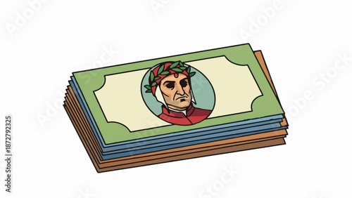 A stack of stylized paper money features a portrait of a man wearing a laurel wreath