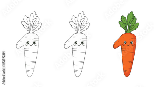 educational tracing activity for children features a cute carrot character designed in the shape of the number one with leaves.