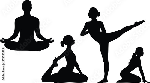 Yoga and Meditation Poses Silhouette, Mindfulness and Flexibility Exercises, Four Meditation and Stretching Poses, Strengthening the Body and Mind, vector, illustration, silhouette.
