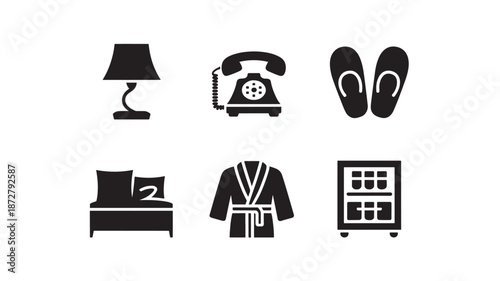Hotel room icons set on a white background, showcasing various amenities like lamp, phone, slippers, bed, robe, and wardrobe.