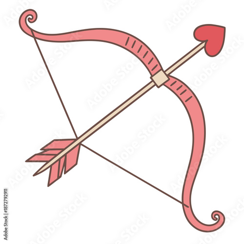 cartoon-style Cupid's bow and arrow (love bow). The bow is pink with elegant curly/swirly details, and it shoots a heart-shaped arrow with a soft beige shaft. Very romantic and Valentine's Day vibes