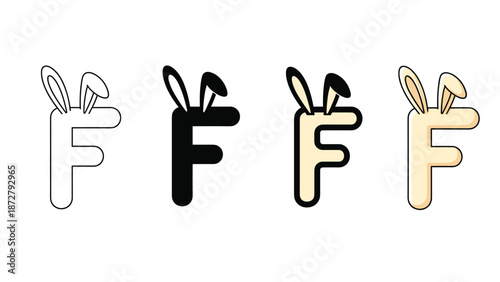 decorative letter f alphabet illustration features rabbit ears in different design styles like outline and flat color formats.