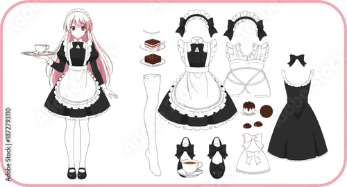 Cute anime girl maid character set with pink hair wearing traditional black and white apron dress costume with matching accessories cakes and tea icons for cafe themes