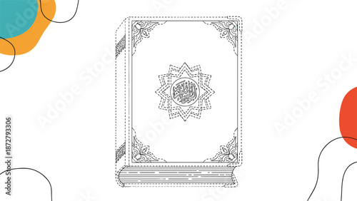 holy quran book illustration features intricate geometric patterns and traditional islamic calligraphy in a line art style.