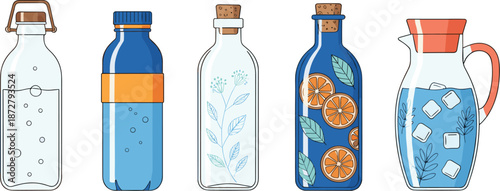 Reusable glass water bottle and pitcher illustration set with blue drinks, ice cubes, and citrus decorations
