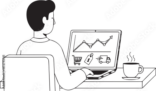 Person working on a laptop displaying a business growth chart and icons with a coffee cup nearby