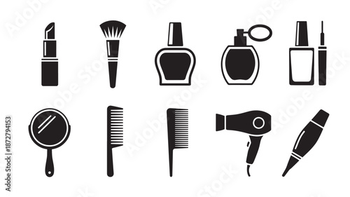 Collection of beauty and cosmetics tools displayed neatly on a white background