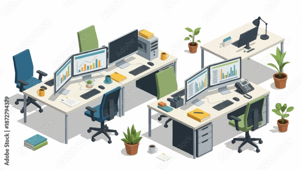 Obraz premium Modern office workspace with computers and plants.