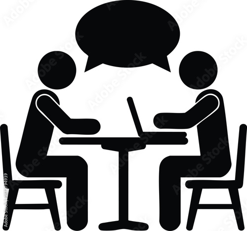 Collaborative Workspace Silhouette Icon, Strategic Business Meeting and Discussion Graphic, Digital Consultation and Peer Review Illustration, Two People Working at a Table Icon, vector, illustration.
