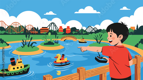 flat vector illustration of two kids racing remote-control boats at a theme park pond with safe railing, small bridge and nautical snack stand. Solid colors, no gradients