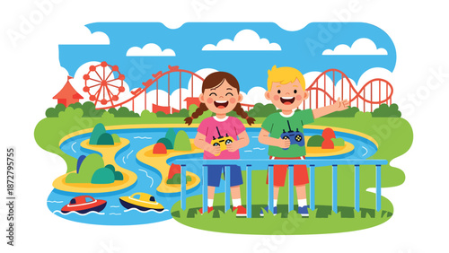flat vector illustration of two kids racing remote-control boats at a theme park pond with safe railing, small bridge and nautical snack stand. Solid colors, no gradients
