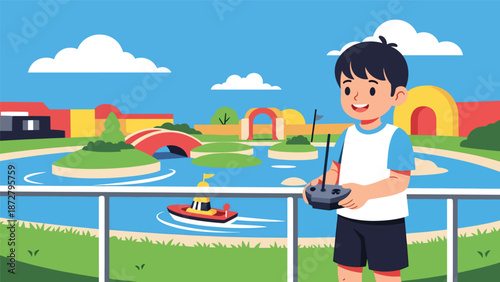 flat vector illustration of two kids racing remote-control boats at a theme park pond with safe railing, small bridge and nautical snack stand. Solid colors, no gradients