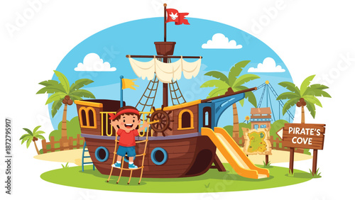 Flat vector illustration of a kid steering a pirate ship playground wheel with palm trees, rope bridge, treasure map sign and lighthouse scenery. Solid colors, no gradients