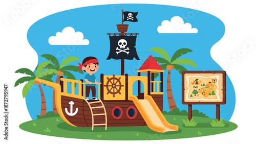 Flat vector illustration of a kid steering a pirate ship playground wheel with palm trees, rope bridge, treasure map sign and lighthouse scenery. Solid colors, no gradients