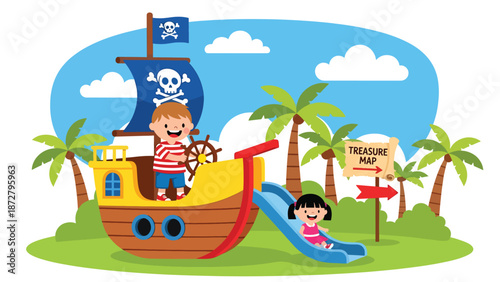 Flat vector illustration of a kid steering a pirate ship playground wheel with palm trees, rope bridge, treasure map sign and lighthouse scenery. Solid colors, no gradients