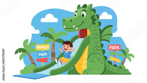 Flat vector illustration of a smiling kid sliding down a friendly dragon slide in a play zone with safety mats, soft-play shapes and clear signage. Solid colors, no gradients