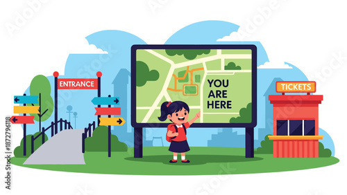 Flat vector illustration of a kid with backpack studying a park map at a "you are here" board on the entrance walkway with ticket booth and direction signs. Solid colors, no gradients