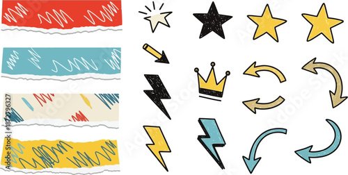 Hand-drawn doodle design elements collection—arrows, swirls, squiggles, stars, hearts, question marks, exclamation points, flower, bow, accents, decorative sketch symbols for notes & social media