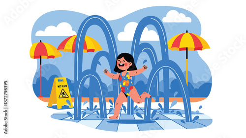 Flat vector illustration of a kid running through splash pad fountains at a theme park water-play area with lockers, umbrellas and tiled floor pattern. Solid colors, no gradients
