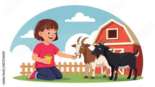 Flat vector illustration of a happy kid feeding goats at a theme park petting zoo corner with barn facade, fence, handwashing station and safety icons. Solid colors, no gradients