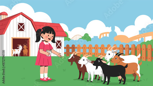 Flat vector illustration of a happy kid feeding goats at a theme park petting zoo corner with barn facade, fence, handwashing station and safety icons. Solid colors, no gradients