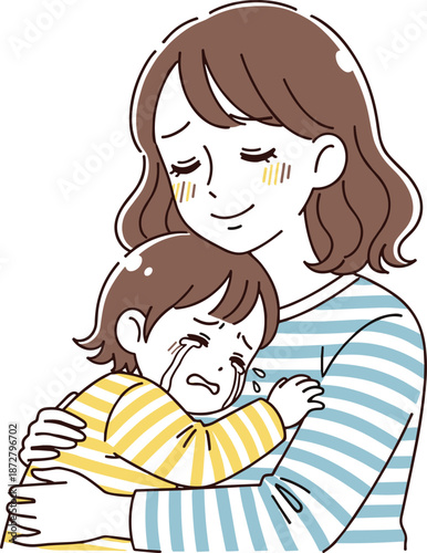 Caring mother hugging crying child, comforting sad kid with empathy and love, family support concept illustration