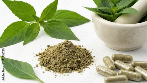 A pristine white surface displays a harmonious arrangement of natural wellness elements. Fresh, vibrant green leaves are poised beside a traditional mortar and pestle, symbolizing the preparation of b