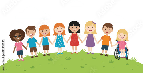 Group of diverse happy children holding hands standing on a green grass hill in a flat vector illustration style.