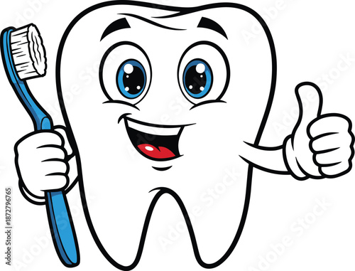 Cute smiling tooth cartoon holding toothbrush and giving thumbs up, dental hygiene and oral care mascot illustration