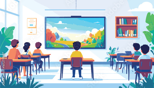 vector Classroom with Children Watching Educational Video