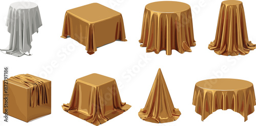 Elegant gold and white silk tablecloth vector set featuring realistic fabric drapes on round and square tables for luxury banquet wedding and formal event interior decoration