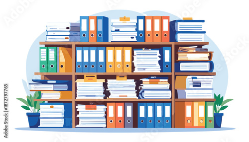 vector Colorful Office Shelves with Binders and Books