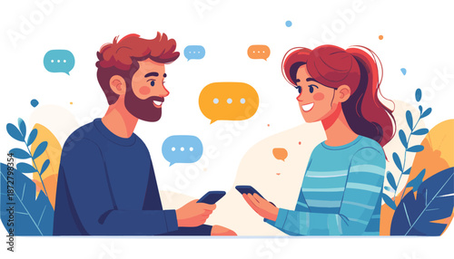 vector Couple Texting and Chatting on Mobile Phones