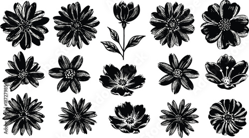 Geometric floral set of seamless patterns. White and black vector backgrounds. Damask graphic ornaments.