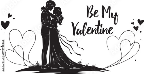 A romantic silhouette of a couple embracing with hearts and valentine s message