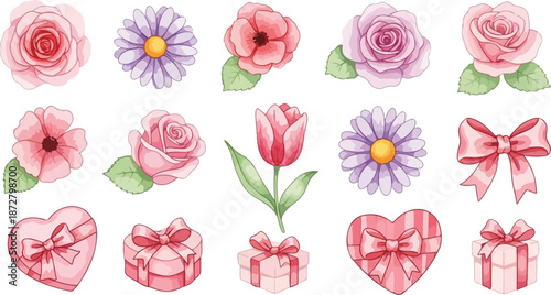 Watercolor floral arrangement featuring roses tulips daisies and gift boxes with bows