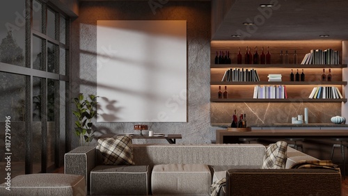 A modern living room features a grey sectional sofa, illuminated bookshelves, and a large blank poster frame on a textured wall at night, created using Blender software.