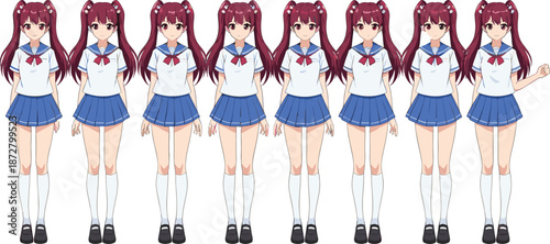 Set of purple haired anime style schoolgirl characters wearing white sailor shirts and blue skirts standing in a row with different expressions.